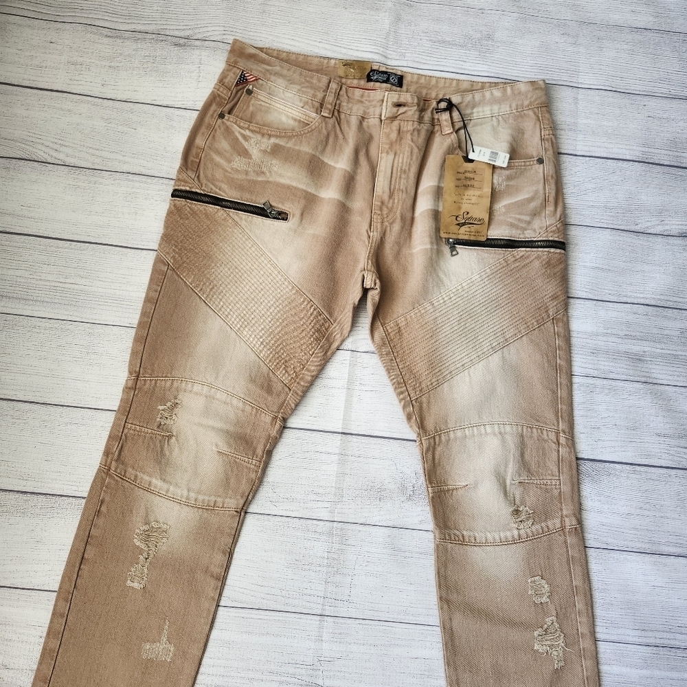 Men's Biker Slim Distressed Jeans (Tan/Taupe Wash) - Picture 2 of 16